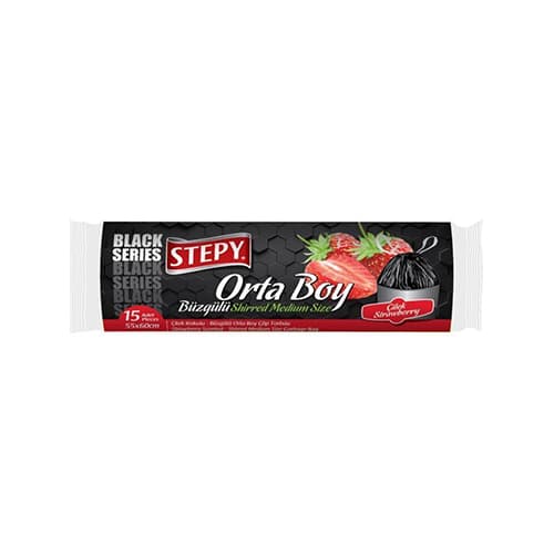 Stepy Siyah Büzgülü Çöp Torbası Orta Boy Çilek Kokulu