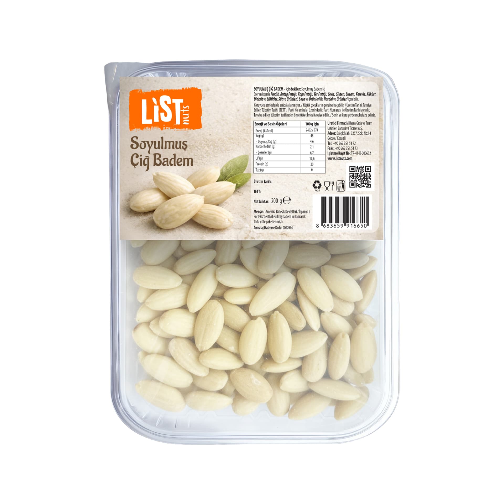 Listnuts Soyulmuş Çiğ Badem